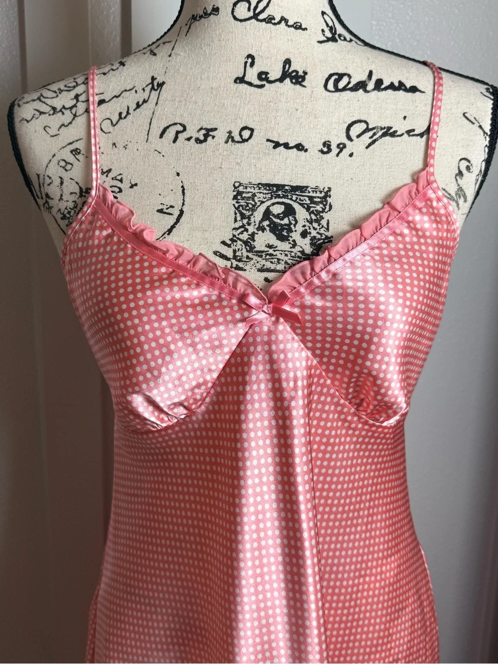 Adonna‎ Pink Polka Dot Satin Slip Dress Nightgown Size M coquette romantic